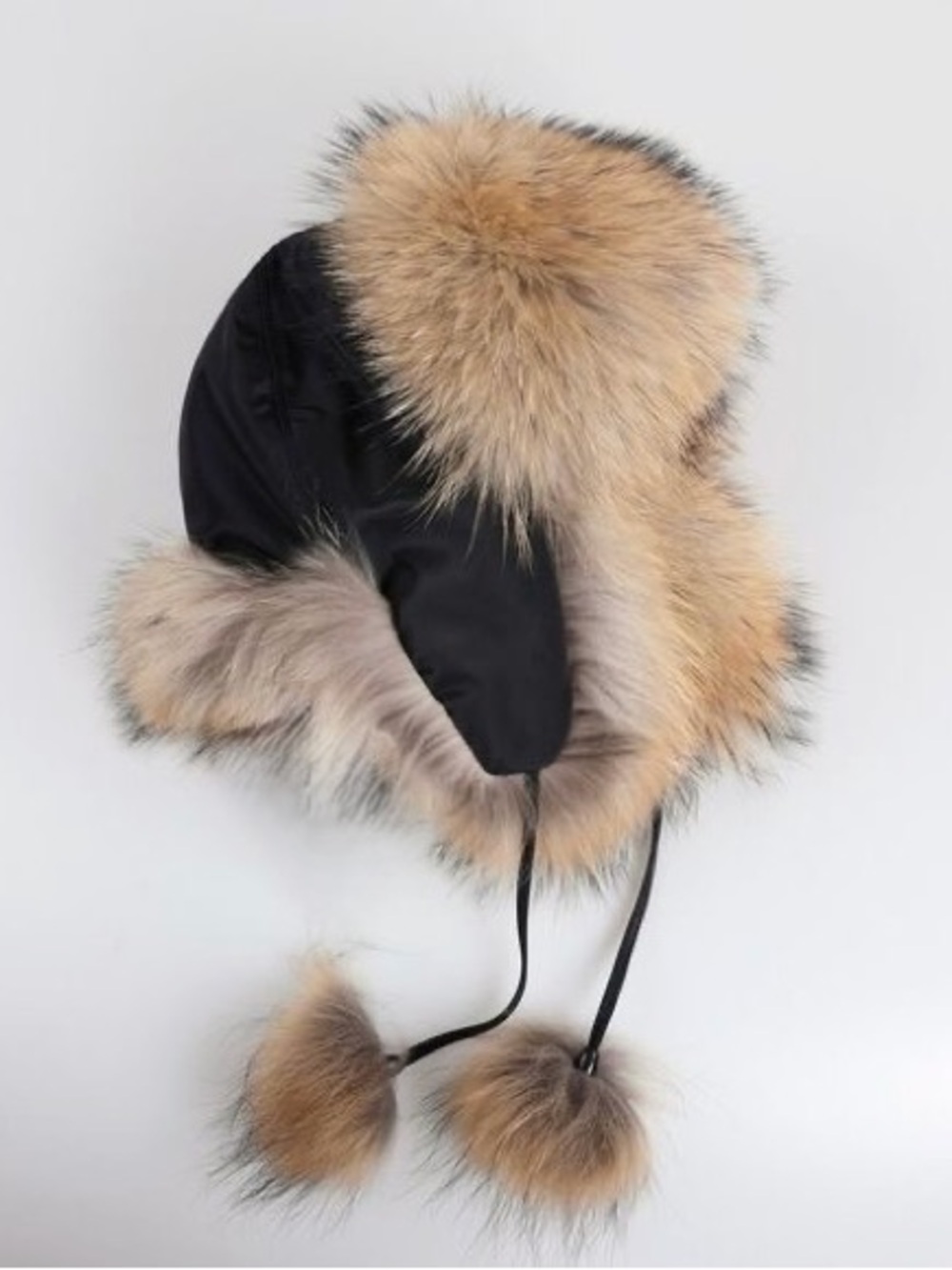 Real Fur-Trim Winter Aviator Hat - Black with Tan Fur